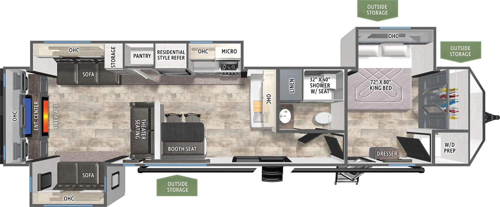 The Puma Destination 38DEN floorplan has two entries and three slide outs. Exterior features include: metal exterior and 18' awning. Interiors features include: front bedroom and rear living.